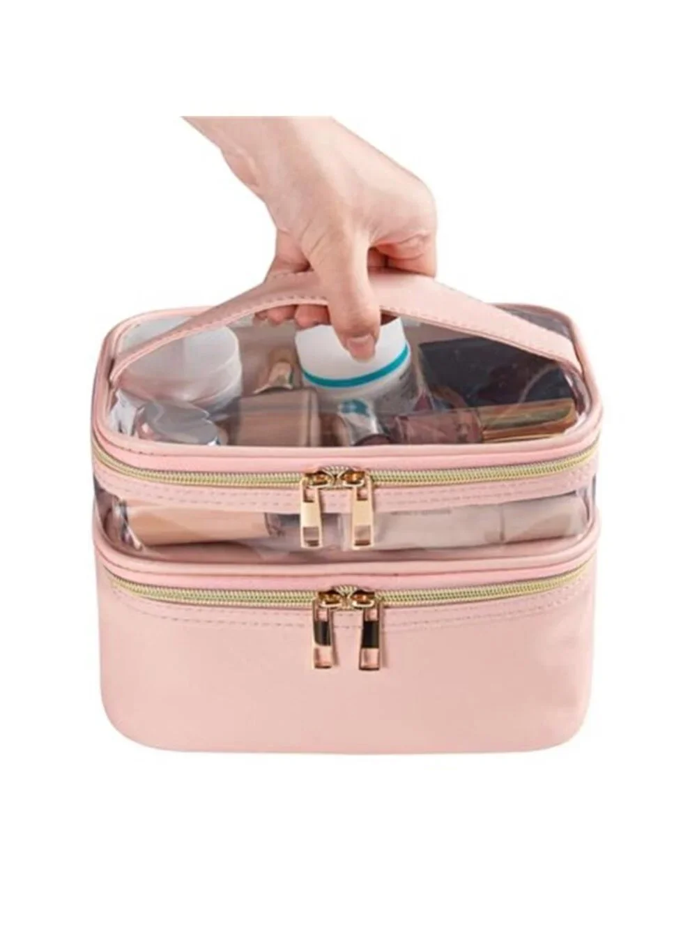 Pink Leather Double Layer Makeup Bag Travel Toiletry Cosmetic Organizer Pouch